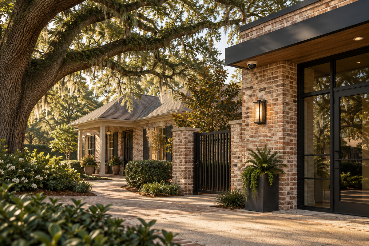 Illustration of a Louisiana home and business with security camera and gate